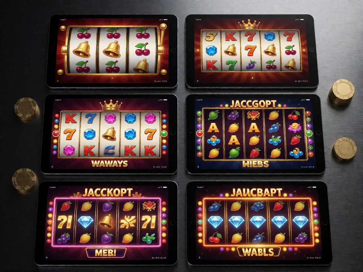 Sechs Tablet-Bildschirme von oben mit verschiedenen Slot-Walzenlayouts, darunter Megaways- und Cluster-Raster, neben Goldchips