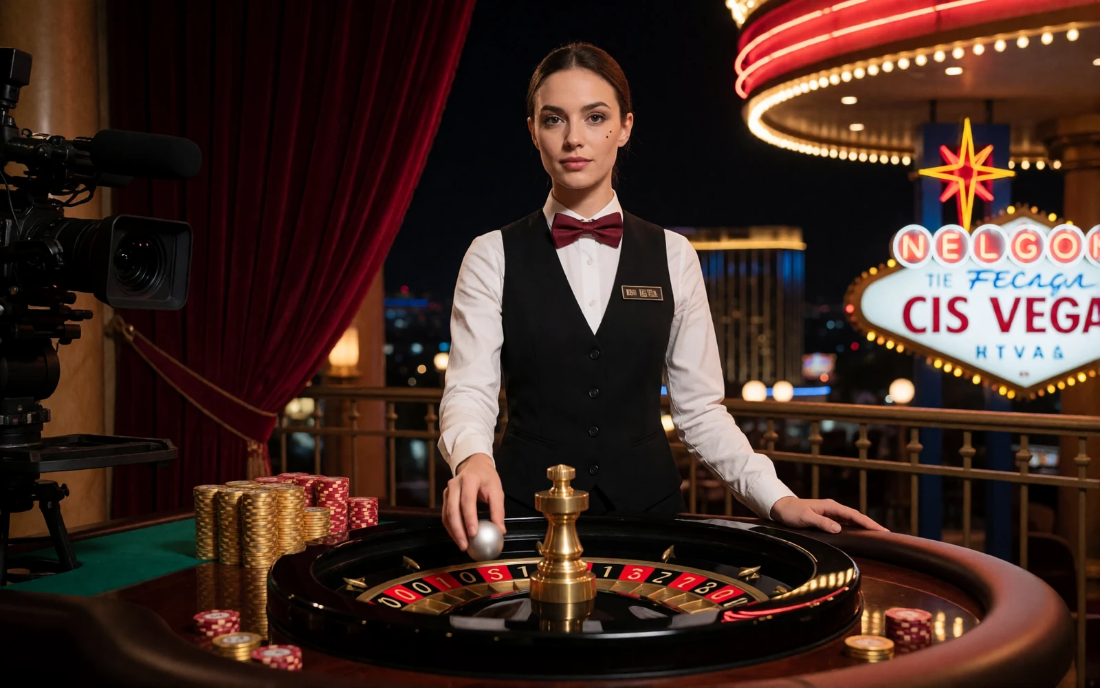 Live-Dealerin im schwarzen Gilet dreht die Roulettekugel im HD-Studio, Blick aus der VIP-Loge auf den Live Casino Spielsaal