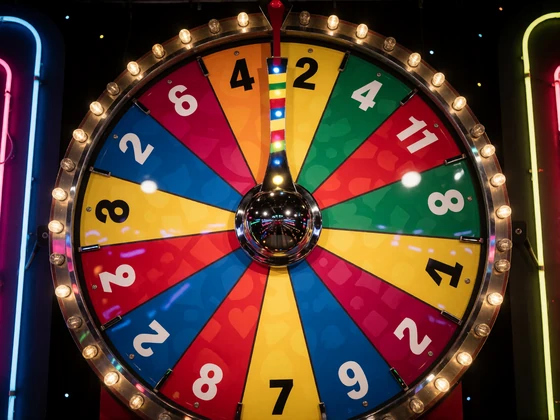 Buntes Game-Show-Gl&uuml;cksrad im Live-Studio als Symbol f&uuml;r Crazy Time und Monopoly Live bei V.Vegas