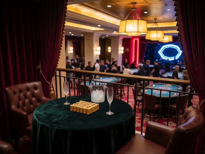 Private Casino-Loge mit reserviertem Tisch, Goldchips und Champagner &uuml;ber dem Spielsaal als Symbol f&uuml;r das V.Vegas VIP-Programm