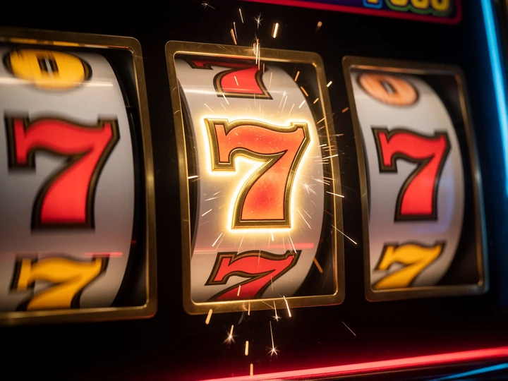 Nahaufnahme rotierender Slot-Walzen mit leuchtendem goldenem Siebener-Symbol als Illustration der Freispiele ohne Einzahlung
