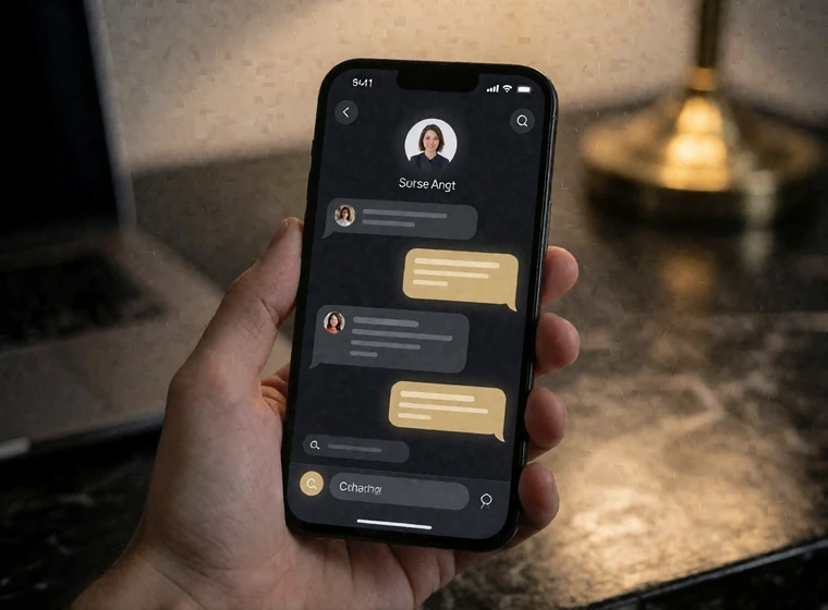 Hand h&auml;lt Smartphone mit ge&ouml;ffnetem Live-Chat-Fenster des deutschsprachigen V.Vegas Casino Supports