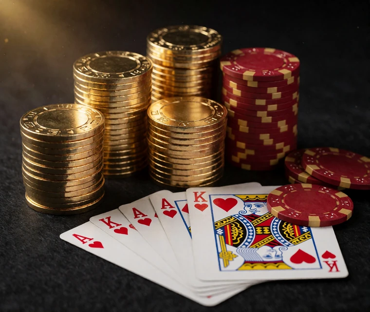 Gestapelte Gold- und Rot-Chips mit aufgef&auml;cherten Spielkarten auf dunklem Filz als Symbol f&uuml;r das V.Vegas Willkommenspaket