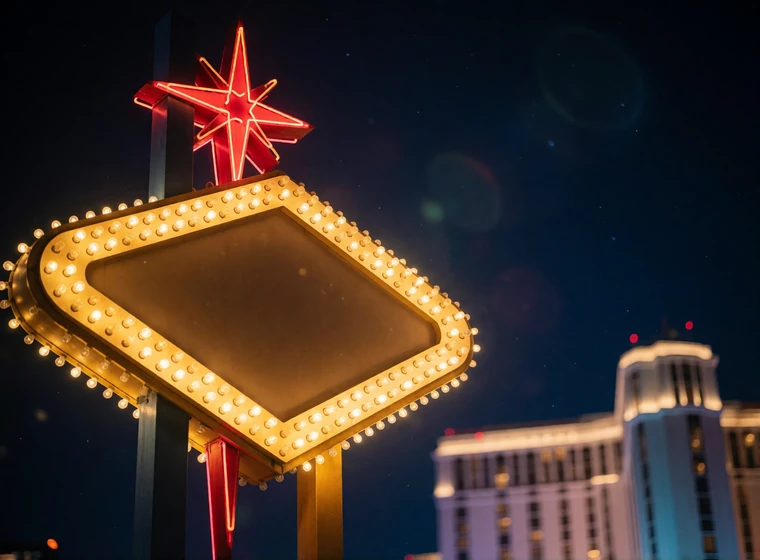Leuchtende Vegas-Marquee-Vitrine bei Nacht als Symbol f&uuml;r schnelle Auszahlungen im V.Vegas Online Casino