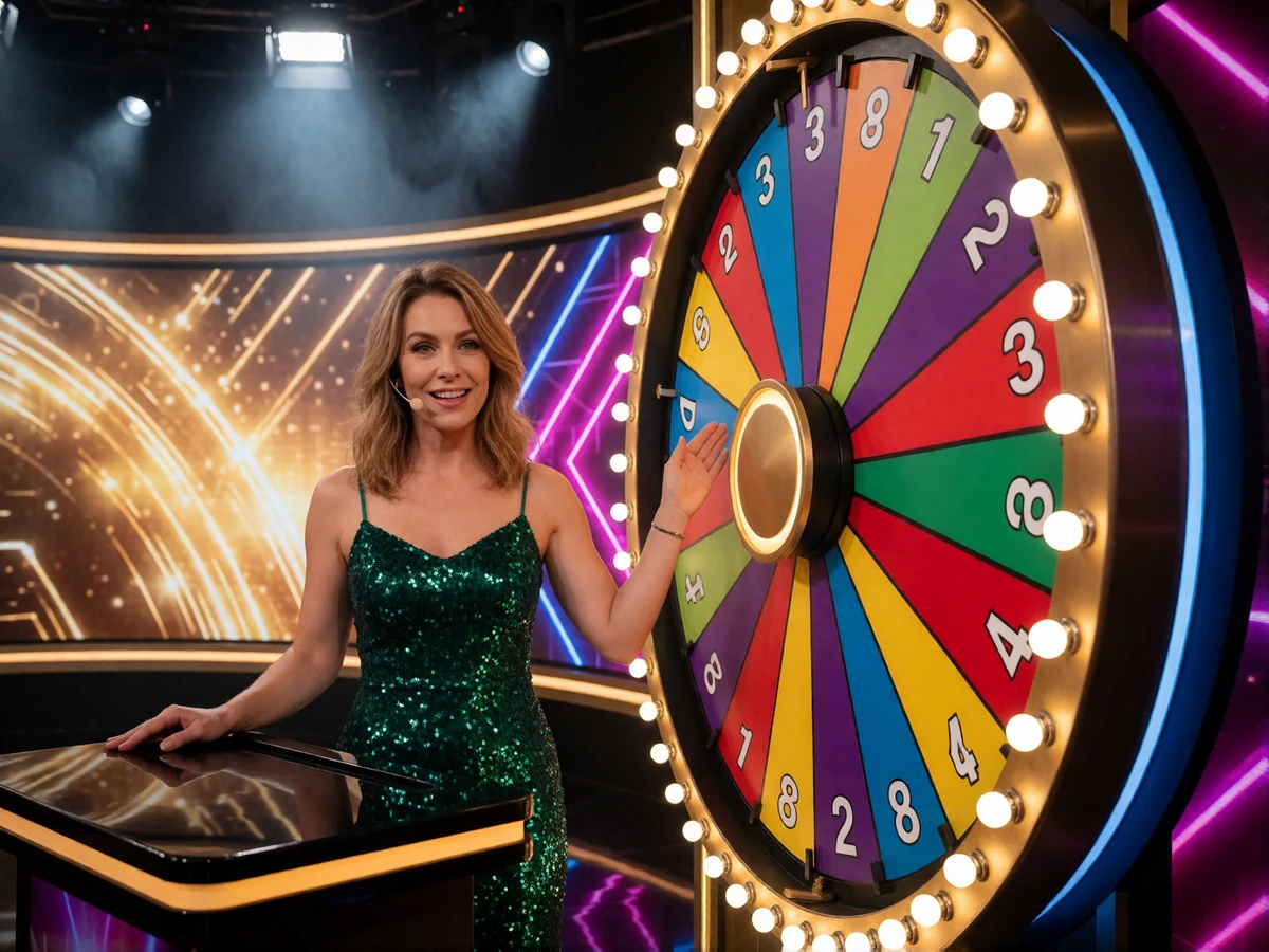 Moderatorin im gr&uuml;nen Paillettenkleid am Pult neben einem beleuchteten Gl&uuml;cksrad im Game-Show-Studio f&uuml;r Crazy Time und Monopoly Live