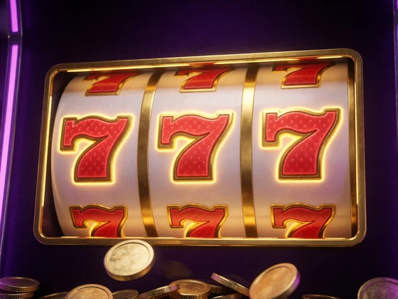 Slot-Walzen mit drei goldenen Siebenen und fallenden M&uuml;nzen als Symbol f&uuml;r Online Slots mit hohem RTP